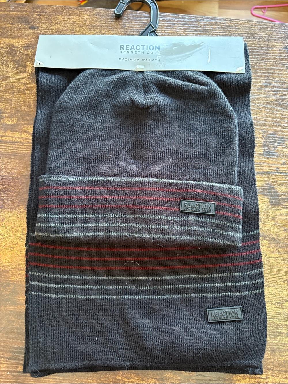 Reaction Kenneth Cole Black Beanie & Scarf Set with Gray and Red Stripe Accents